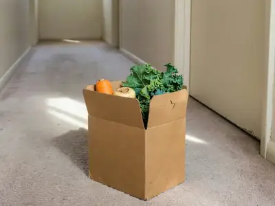 A meal-kit box left on an apartment doorstep with a few vegetables peeking out.