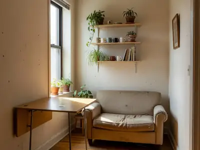 A compact studio apartment with a fold-down table, a small loveseat and floating shelves.