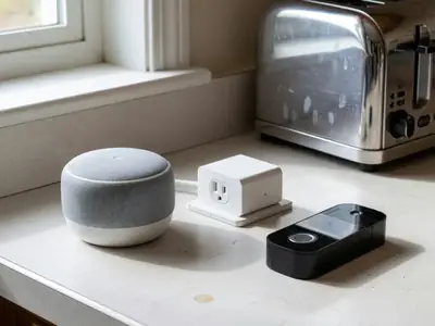A smart speaker, a smart plug and a video doorbell on a kitchen counter.
