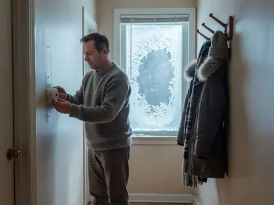 A man in socks and a sweater adjusting a wall thermostat in a hallway on a winter morning.
