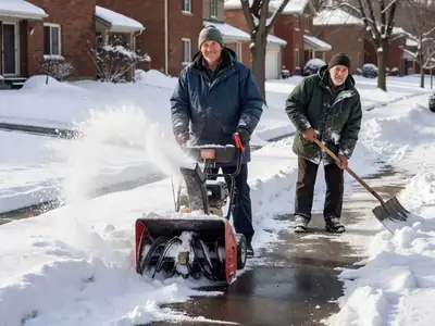A homeowner clears his snowy driveway with a snowblower while a neighbour shovels next door on a Canadian suburban street.
