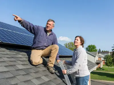 A solar installer on a roof pointing out panel placement to a homeowner standing on a ladder.