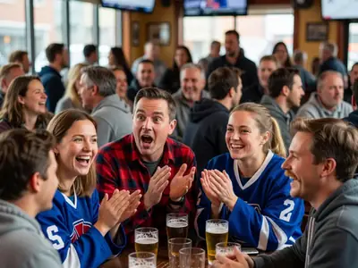 Friends watching a hockey game at a crowded sports bar, cheering.