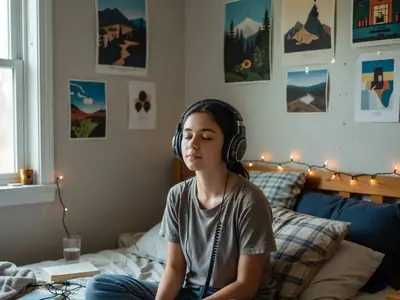 A teenage girl in her bedroom listening to music with headphones, eyes closed.