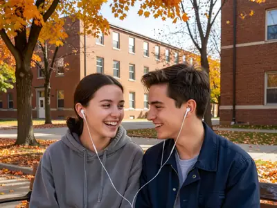Two university students sharing earbuds on a bench on campus.