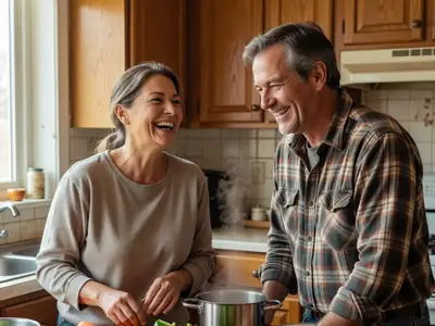 A couple in their late fifties cooking dinner together and laughing in their kitchen.
