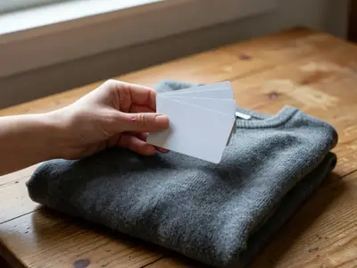 A hand holding a few blank plastic gift cards above a folded sweater.