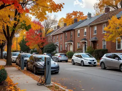 A quiet residential street with several electric cars charging at curbside chargers.