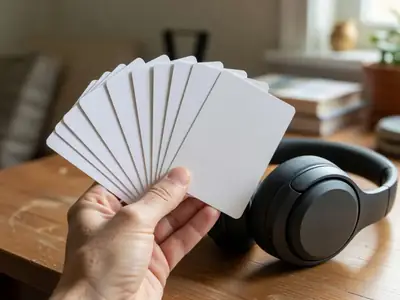 A hand fanning out a few blank gift cards next to a new pair of headphones.
