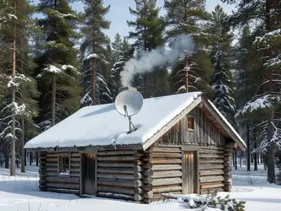 A small satellite dish mounted on a log cabin roof in a forest clearing.