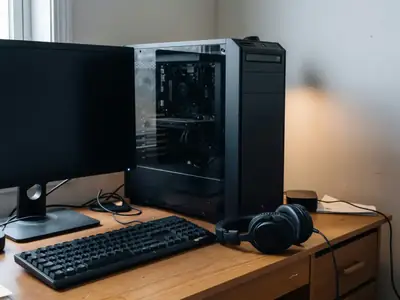 A gaming PC setup on a desk with a mechanical keyboard and a headset.