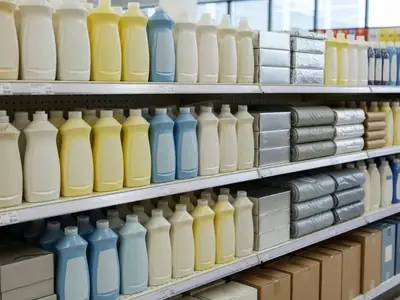 A store shelf of plain store-brand household products, dish soap, foil and garbage bags.