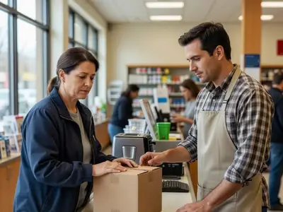 A customer returning a boxed small appliance at a store returns counter.