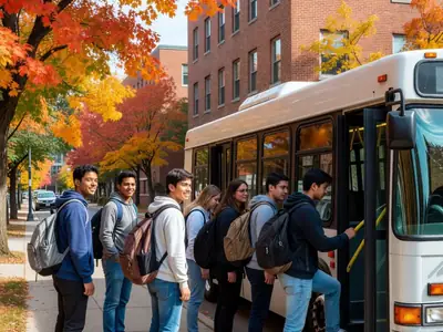 University students with backpacks boarding a city bus on a campus street.