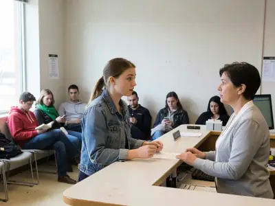 A student at a campus health clinic reception asking a question.