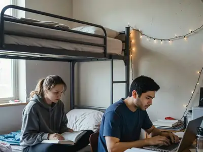 Two university students studying in a small dorm room, one on a laptop and one with a textbook.