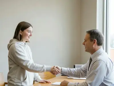 A student at a bank branch shaking hands with an adviser.