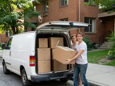 A student loading boxes into a small moving van for a move to a new city for school.