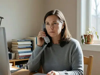 A woman on the phone at her desk looking firm and patient, a closed notebook in front of her.
