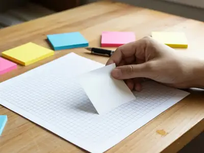 Close-up of a hand placing a bright sticky note on a blank paper grid on a desk.