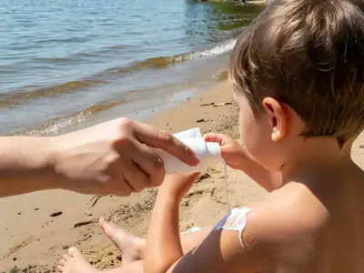 A hand squeezing sunscreen onto a child's shoulder at a beach.