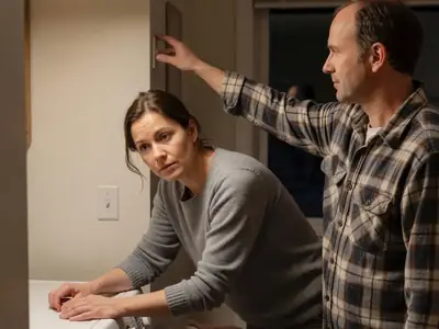 A woman starting the washing machine late in the evening while her partner turns off the kitchen lights.