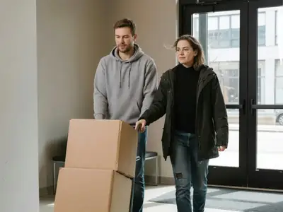 A young couple carrying boxes into a new apartment building lobby.