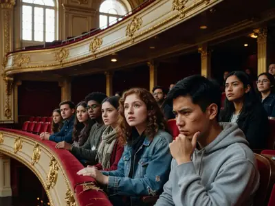 Young adults in an opera house balcony watching a performance.