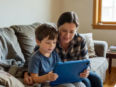 A young child sitting on a sofa next to a parent, both looking at a tablet in a rugged solid-blue protective case that the child holds.