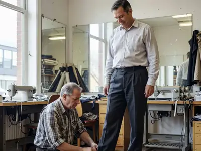 A tailor pinning the hem of a man's trousers as he stands on a small platform.