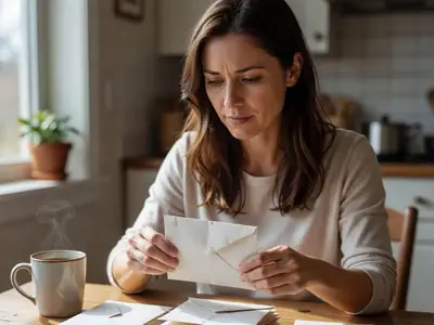 A woman at her kitchen table in spring sorting a small stack of opened envelopes into three piles, looking thoughtful.