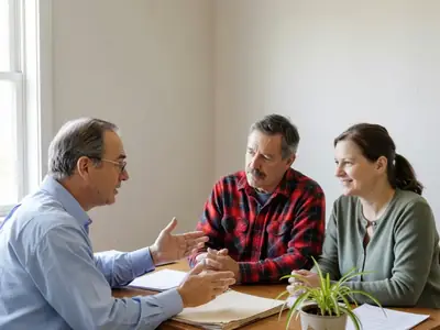 A middle-aged couple meeting with an accountant in a small bright office, the accountant explaining and the couple nodding.