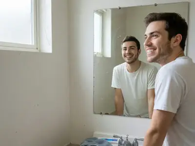 A young man smiling into a bathroom mirror after using whitening strips.