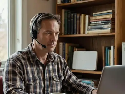 A man at his home desk on a video call with a headset, a small plain white router on the shelf behind him.
