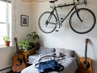 A young renter's bedroom with a bike on a wall rack, a laptop bag on the bed and a guitar in the corner.