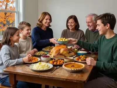 A family shares a potluck Thanksgiving dinner with a roast turkey and side dishes in a Canadian home.