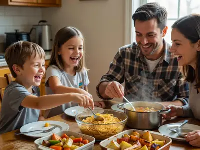 A family at a kitchen table serving themselves from several containers of reheated leftovers: pasta, roast vegetables and soup.