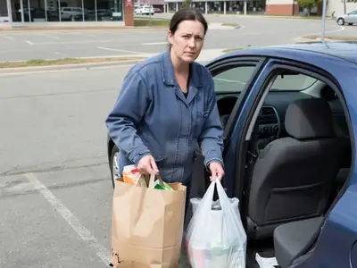 A woman loading grocery bags from two different stores into the back seat of her car.