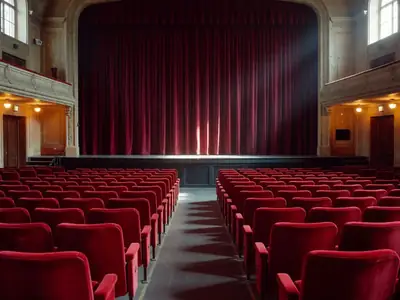 A theatre auditorium with velvet seats and the stage curtain closed.