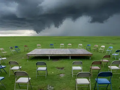 An outdoor stage set up in a park under heavy rain clouds, empty chairs on the lawn.