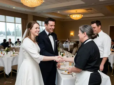 A bride and groom thanking the catering staff at the end of their reception.