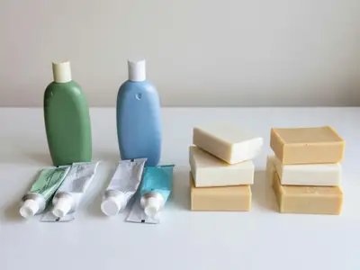 A row of shampoo, toothpaste and soap products on a plain white table in four small groups.