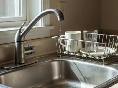 A kitchen tap with a slow drip into a stainless sink.