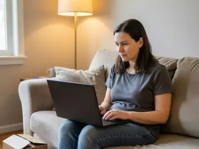 A woman on her sofa with a laptop, comparing prices before buying a kettle, a box on the floor.