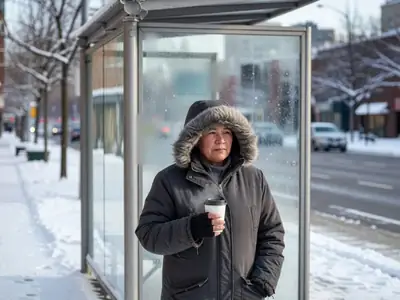A commuter in a winter coat holding a coffee, waiting at an outdoor bus shelter on a snowy morning.