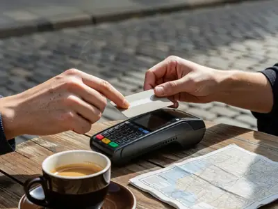 Close-up of a traveller's hands tapping a plain blank payment card on a small card terminal at a sunny outdoor cafe table abroad.