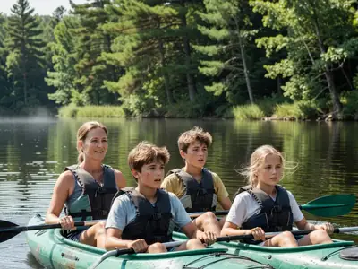 Two teenagers and their mother kayaking on a calm lake.