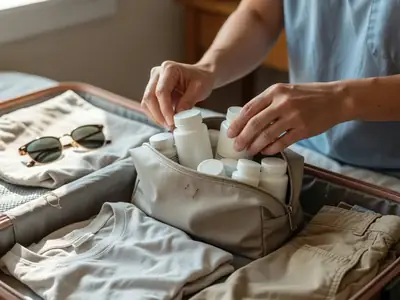 Hands packing a weekly pill organizer and pill bottles into a toiletry bag inside a suitcase.