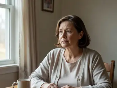 A middle-aged woman sitting at her dining table with a pill organizer and a cup of tea, thinking.