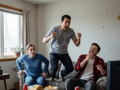 Three friends on a living room sofa reacting to a soccer match, one jumping up to celebrate.